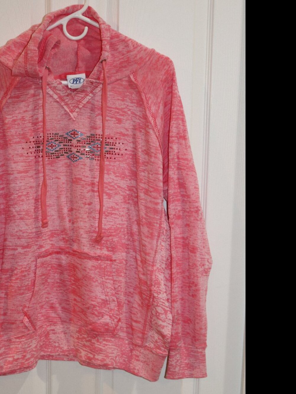 Women's PFI Fashions, Inc. pink heathered hooded sweatshirt, western design. XL